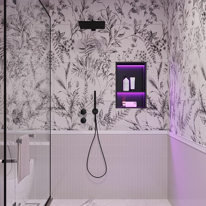 Stainless Steel Shower Niche 12" X 18", No Tile Needed Wall Niche with RGB Led Light, Recessed Shower Shelf for Bathroom Storage Over Mount Installation, Matte Black