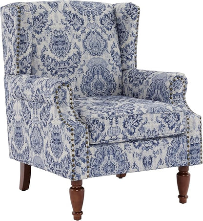 UIXE High Back Floral Accent Chair, Fabric Upholstered Armchair for Living Room, Retro Wingback Arm Chair with Solid Wood Legs, Nailhead Trim Single Sofa Bedroom Reading Seat - Navy Blue
