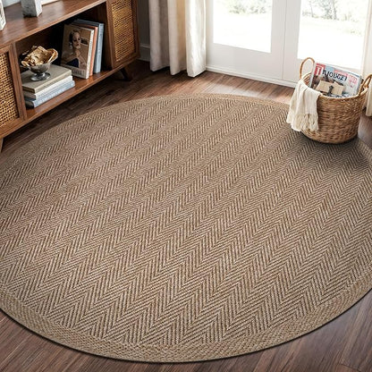 CAMILSON Easy Jute Round Rug 4ft Indoor Outdoor Natural Color Fiber Area Rugs for Living Room Patio and Kitchen Rug Herringbone Woven Design Easy-Cleaning Washable Outside Carpet Alfombras (4 Round)