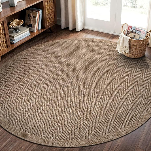 CAMILSON Easy Jute Round Rug 6ft Indoor Outdoor Natural Color Fiber Area Rugs for Living Room Patio and Kitchen Rug Herringbone Woven Design Easy-Cleaning Washable Outside Carpet Alfombras (6 Round)