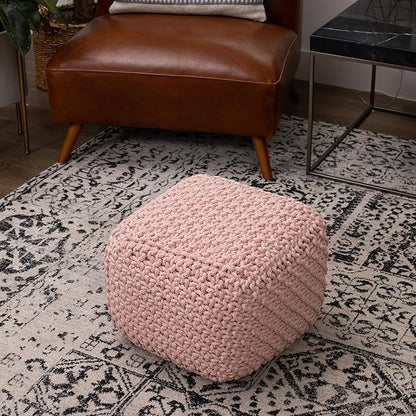 BIRDROCK HOME Square Pouf Ottoman | Cotton Braided Foot Stool with Bean Bag Filling | Boho Foot Rest for Living Room, Bedroom | Compact & Comfortable Seating, Lightweight & Sturdy | Dusty Rose