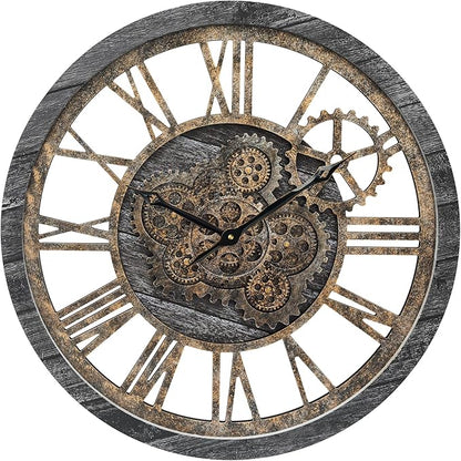 HOIBAI Wall Clock, 24 Inch Moving Gears Clock Large Wall Clock for Living Room Decor Rustic Vintage Industrial Steampunk Farmhouse Big Clock for Home Kitchen Bedroom Office
