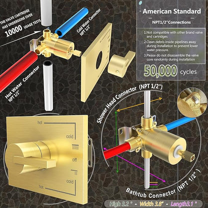 Brushed Gold Shower Fixtues, Tub and Shower Faucet Set Combo with 6 Inch Gold Shower Head and Tub Spout, Gold Shower Head and Handle Set (Valve Included)