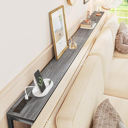 SUPERJARE 78.7 Inch Console Table with Outlet, Sofa Table with Charging Station, Narrow Hallway Entryway Table, Behind Couch Table, for Living Room, Charcoal Gray