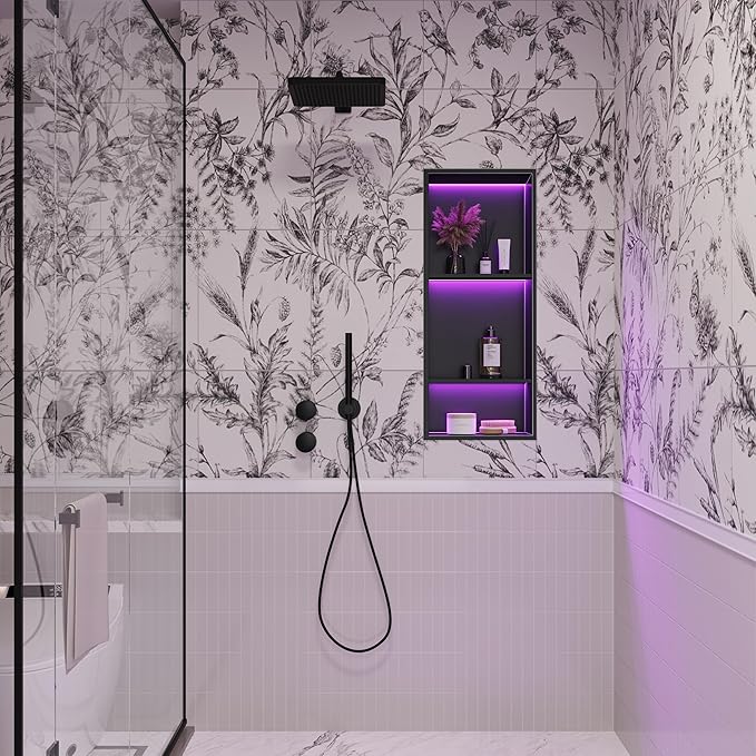 Stainless Steel Shower Niche 12" X 30", No Tile Needed Wall Niche with RGB Led Light, Recessed Shower Shelf for Bathroom Storage Over Mount Installation, Matte Black