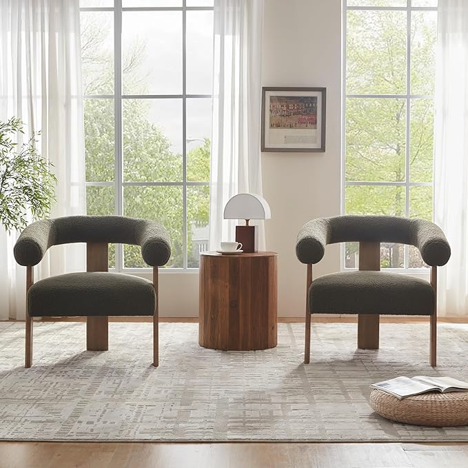 VKNOW Accent Chair Living Room Chair Set of 2, Modern Upholstered Armchair with Solid Wood Legs, Comfy Barrel Arm Chairs for Living Room Bedroom, Sage Green