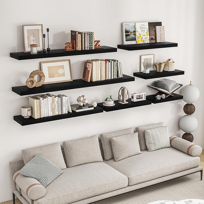 RICHFOCUS 72Inch Floating Shelves for Wall 2 Pack Shelves for Bedroom|Kitchen|Bathroom Wall Mounted Rustic Wood Floating Shelf with Invisible Brackets for Books|Storage|Decor, Black