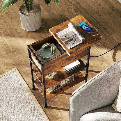 WLIVE End Table with Charging Station, Flip Top Side Table with Storage Shelf, Sofa Couch Table with USB Ports and Outlets, Narrow Bedside Table for Living Room, Bedroom Nightstand, Rustic Brown