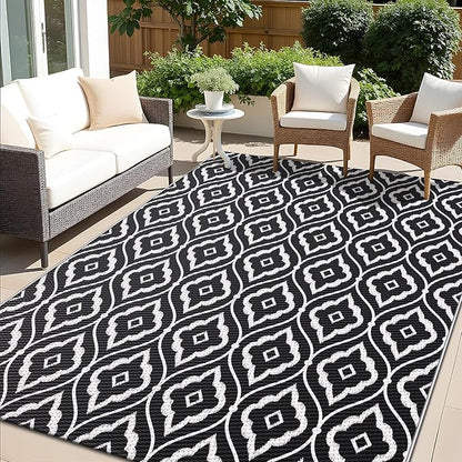 OLANLY Outdoor Rug 9x12 ft Waterproof, Outdoor Plastic Straw Rug with Geometric Pattern Clearance, Reversible RV Mat for Patio, Camping, Balcony, Deck, Backyard, Black & White