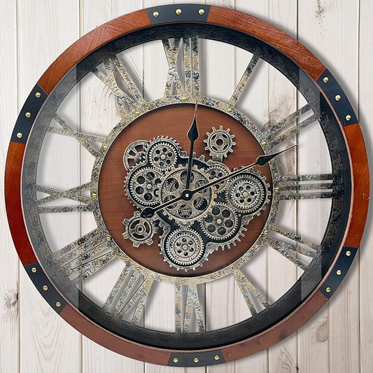 DORBOKER 40" Original Moving Gears Wall Clock, Large Industrial Wall Clock for Living Room Decor,Oversized Wood Vintage Farmhouse Steampunk Rustic Clocks for Wall Decor,Black Walnut