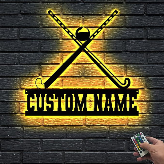 Personalized Hockey Metal Sign - LED Wall Sign with Name & Jersey Number, 16-Color LED with Remote Control, Ice Hockey Room Decor for Boys, Sports Players, Coaches, Teens