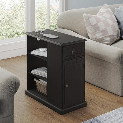 ChooChoo Farmhouse XXL End Table with Charging Station，Narrow Sofa Side Table with Adjustale Shelf, 3 Tier Rustic Night Stand for Small Place Living Room, Charcoal Black
