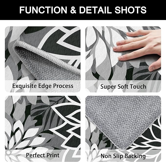 Area Rug 2x6 Black White Washable Entry Rug Multicolored Tropical Botanical Modern Floral Indoor Kitchen Door Mat Entrance Carpet Non Slip for Bedroom Living Room, Porch