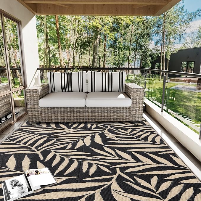 OLANLY Waterproof Outdoor Rug 5x8 ft, Reversible Outdoor Plastic Straw Rug with Leaf Pattern, RV Mat, Indoor Outdoor Carpet for Patio, Camping, Balcony, Deck, Backyard, Black & Beige