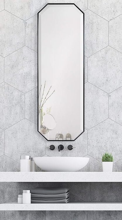 Kate and Laurel Rhodes Modern Full Length Octagon Wall Mirror, 16 x 48, Black, Decorative Glam Geometric Wall Accent