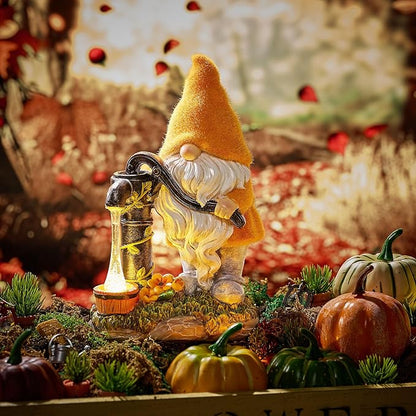 TERESA'S COLLECTIONS Fall Decor, Fall Gnomes Decor, Autumn Garden Gnomes Pumping Water with Solar Lights, Waterproof Resin Outdoor Fall Decor, Fall Gifts Outdoor/Indoor,9"