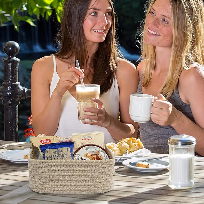 Small Woven Storage Baskets 13“X9”X5“ Decorative Rope Bins for Organizing Shelves, Closets, and Toys, Empty Gift Baskets, Cute Organizer Basket for Home and Office (oatmeal, Large)