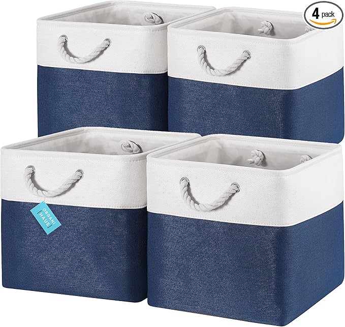 OrganiHaus 13x13 Cube Storage Bins 4 Pack, Foldable Cube Storage Organizer w/ Rope Handles, Collapsible Fabric Bins for Toys, Clothes & Closet Organization, Fabric Square Baskets - Navy Blue