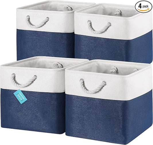 OrganiHaus 13x13 Cube Storage Bins 4 Pack, Foldable Cube Storage Organizer w/ Rope Handles, Collapsible Fabric Bins for Toys, Clothes & Closet Organization, Fabric Square Baskets - Navy Blue