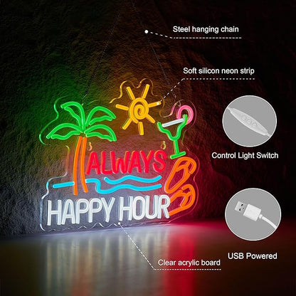Always Happy Hour Beer Bar Neon Sign for Wall Décor Dimmable USB LED Neon Light for Home Tiki Bar Decor Man Cave Parties Gift