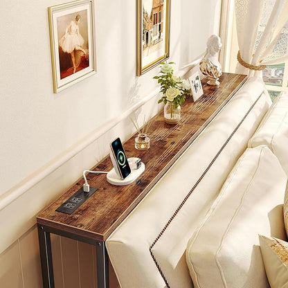 SUPERJARE Console Table with Outlet, 63 Inch Sofa Table with Charging Station, Narrow Entryway Table, Behind Couch Table, for Living Room, Plants - Rustic Brown