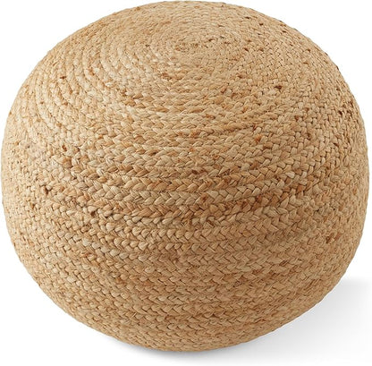 Casafield Hand-Braided Jute Pouf Ottoman Footrest, 19" Round x 10-1/2" High, Natural Woven Boho Floor Cushion, Home Decor for Living Room, Bedroom, Apartment