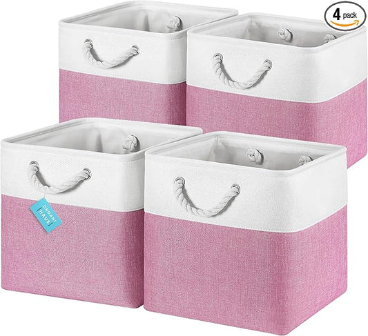 OrganiHaus 13x13 Cube Storage Bins 4 Pack, Foldable Cube Storage Organizer w/ Rope Handles, Collapsible Fabric Bins for Toys, Clothes & Closet Organization, Fabric Square Baskets - Pink/White