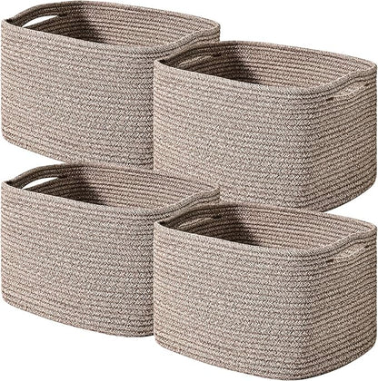Storage Baskets for Shelves Organizing, Woven Cotton Rope Baskets for Storage, Book Basket, Decorative Shelf Basket, 12.5"Lx9.1''Wx7.9''H (4 Packs) Dark Brown
