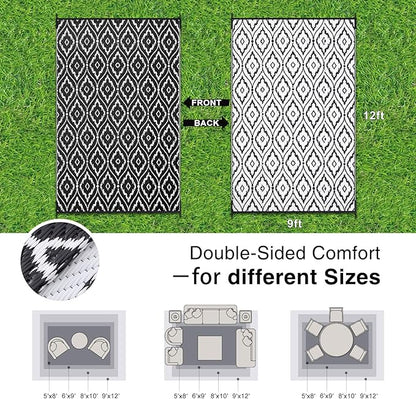 OLANLY Outdoor Rug 9x12 ft Waterproof, Outdoor Plastic Straw Rug with Geometric Pattern Clearance, Reversible RV Mat for Patio, Camping, Balcony, Deck, Backyard, Black & White