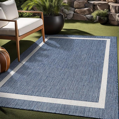 Bordered Outdoor Rug 5x7 Washable Outside Carpet for Indoor Patio Porch Waterproof Easy Cleaning Non Shedding Area Rugs Blue 5 x 7