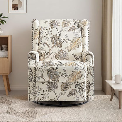 UIXE Swivel Rocker Manual Recliner Chair, Wingback Swivel Glider Fabric Nursery Reclining Sofa Chair, High Back Upholstered Arm Chair for Living Room Bedroom - Beige Plants