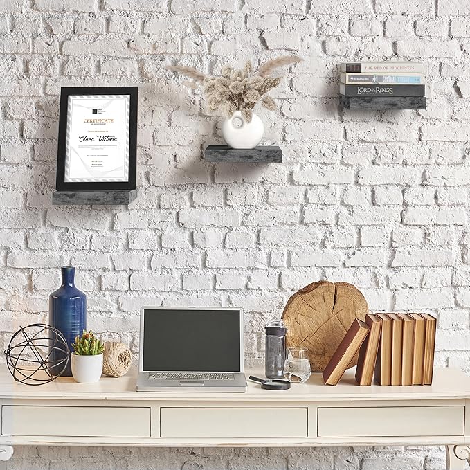 Sorbus Square Floating Shelf for Wall - 3 Small Shelves with Invisible Mounting Brackets for Living Room Decor, Bedroom, Bathroom Decor, Kitchen - 9" Rustic Grey Wall Shelf to Display Photos Trophies