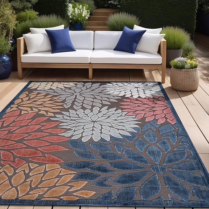Beverly Rug Outdoor Rug 9x12 Large Modern Floral Tropical Area Rugs for Indoor and Outdoor Patio Easy to Clean Non Shedding Living Room Porch Garden Washable Outside Carpet (9 x 12 Brown)