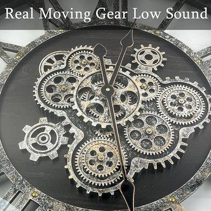 30 Inch Industrial Steampunk Wall Clock, Oversized Solid Wood Frame, Battery Operated, Large Wall Clock with Real Rotating Gears, Black