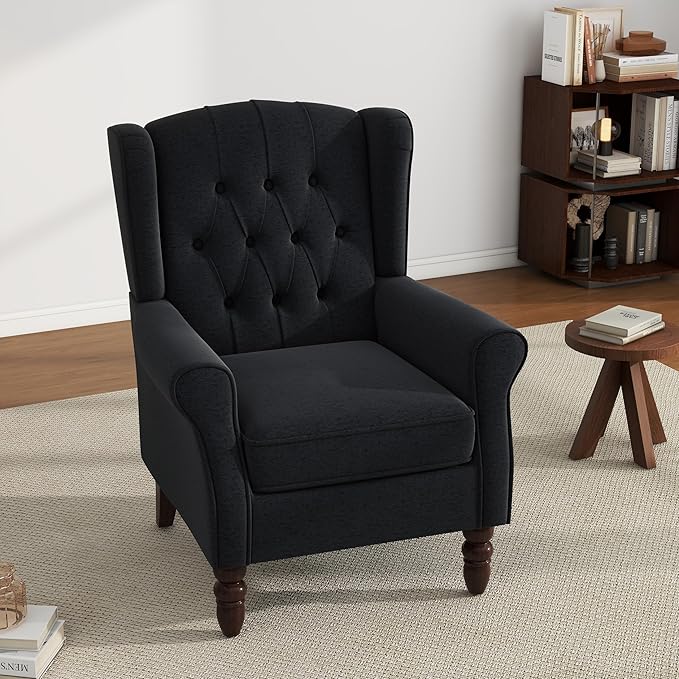 UIXE High Back Accent Chair, Upholstered Armchair in Fabric, Retro Wingback Arm Chair for Living Room, Comfy Single Sofa Bedroom Reading Seat with Solid Wood Legs - Black Blue