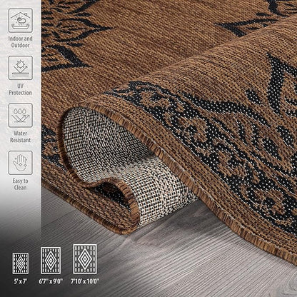 CAMILSON Outdoor Rug, 5x7 Medallion Nut Brown Black Modern Area Rugs for Indoor and Outdoor Patios, Kitchen and Hallway Mats, Washable Porch Deck Outside Carpet (Medallion Nut Brown Black, 5 x 7)
