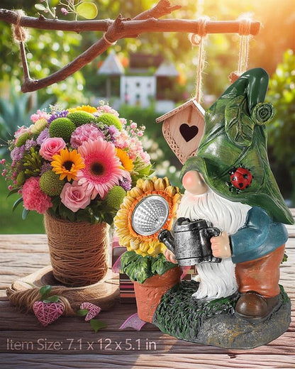 Solar-Powered Large Garden Gnome Watering Can Sunflower - 12 in Garden Decor Gnomes Decorations for Yard Lawn Ornaments Outside Statue Figurine LED Lights (Gnome)
