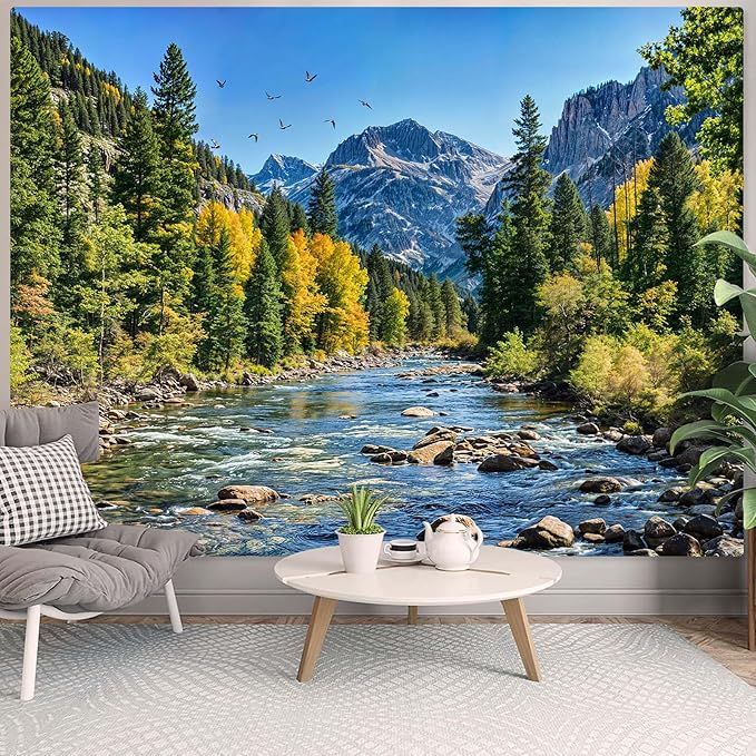 AMM Nature Forest Mountain Tapestry Green Pine Tree Tapestry for Bedroom Aesthetic Flowing River Landscape Tapestries Wall Hanging Bird Decor for Living Room Classroom Dorm Office