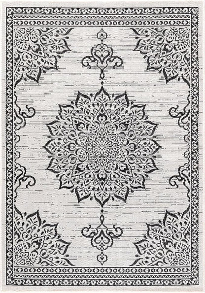 CAMILSON Outdoor Rug, 8x10 Medallion White Black Modern Area Rugs for Indoor and Outdoor Patios, Kitchen and Hallway Mats, Washable Porch Deck Outside Carpet (Medallion White, 8 x 10)