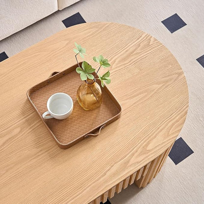 51.18'' Oval Coffee Table for Living Room Fluted Center Table with Drawer, Mid Century Modern Coffee Tables, Easy Assembly for Office Storage Tea Table Oak