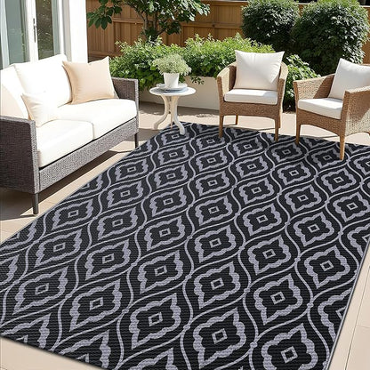 OLANLY Outdoor Rug 9x12 ft Waterproof, Outdoor Plastic Straw Rug with Geometric Pattern Clearance, Reversible RV Mat for Patio, Camping, Balcony, Deck, Backyard, Black & Grey