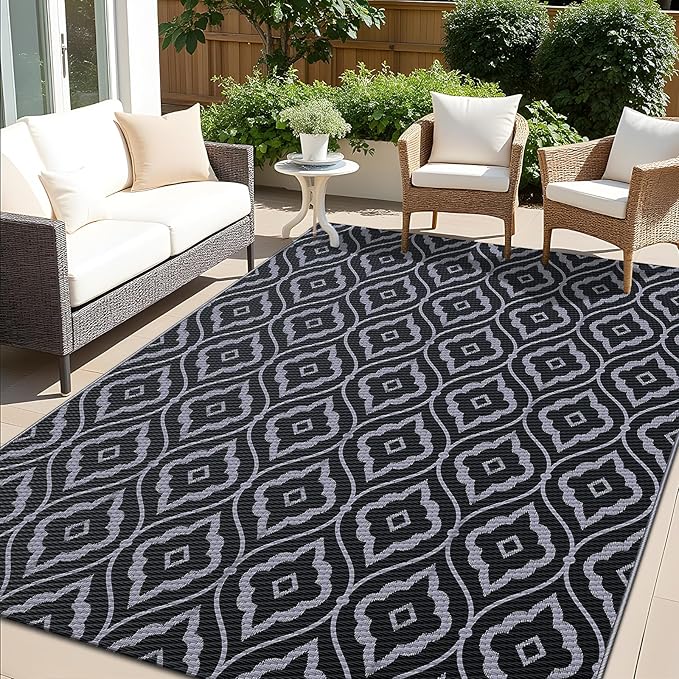 OLANLY Outdoor Rug 6x9 ft Waterproof, Outdoor Plastic Straw Rug with Geometric Pattern Clearance, Reversible RV Mat for Patio, Camping, Balcony, Deck, Backyard, Black & Grey