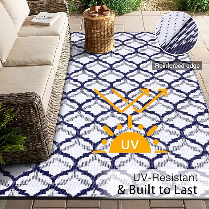 OLANLY Reversible Outdoor Rug 8x10 ft Clearance, Waterproof Outdoor Plastic Straw Rug with Interlacing Pattern, RV Mat for Patio, Camping, Balcony, Deck, Backyard, Navy & White