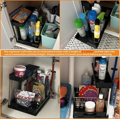 Yieach 2 Pack Under Kitchen Cabinet Storage,14.5 Inch Deep Black Under Sink Storage Rack for Apartments and Small Space,Two Tier Undersink Pull Out Organizer Drawers & Bathroom Cabinet Organization