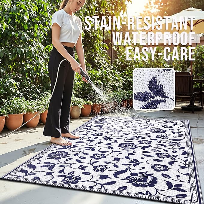 OLANLY Waterproof Outdoor Rug 5x8 ft, Outdoor Plastic Straw Rug with Flower Pattern, Reversible RV Mat for Patio, Camping, Balcony, Deck, Backyard, Navy & White