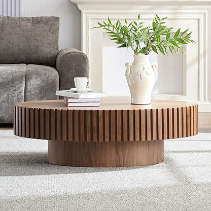 Oval Coffee Table for Living Room, Modern Fluted Coffee Tables with Pedestal Base, Handcrafted Centre Tea Tables Easy Assembly-43.7" Walnut
