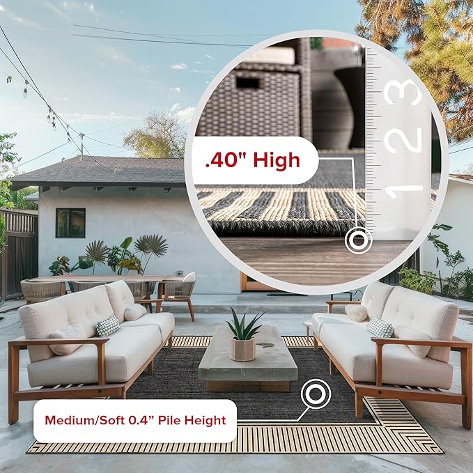 nuLOOM 6'7" Round Outdoor Area Rug, Casual Design With Striped Border, Stain Resistant, Highly Durable, For Patio, Balcony, Bedroom, Living Room, Dining Room, Bathroom, Dark Grey