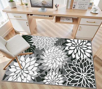 Area Rug 3x5 Black White Washable Entry Rug Multicolored Tropical Botanical Modern Floral Indoor Kitchen Door Mat Entrance Carpet Non Slip for Bedroom Living Room, Porch