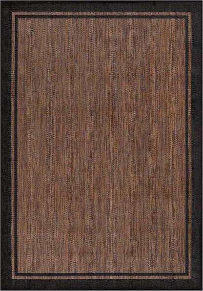 CAMILSON Indoor Outdoor Rug, 9x12 Bordered Nut Brown Black Modern Area Rugs for Indoor and Outdoor Patios, Kitchen and Hallway Mats, Washable Porch Deck Outside Carpet (Border Nut Brown Black, 9 x 12)
