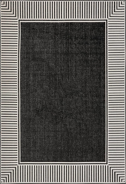 nuLOOM 4' x 6' Outdoor Area Rug, Casual Design With Striped Border, Stain Resistant, Highly Durable, For Patio, Balcony, Bedroom, Living Room, Dining Room, Bathroom, Black